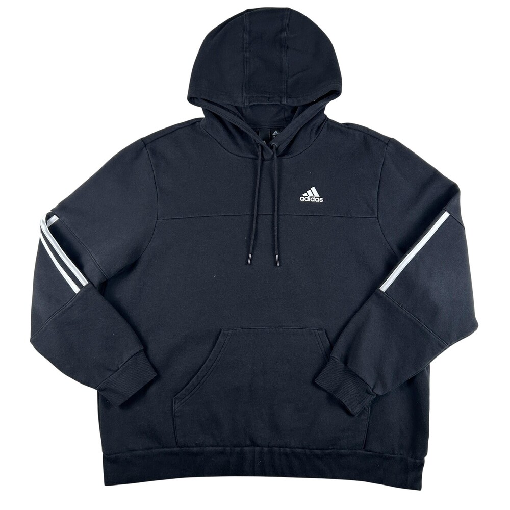 Adidas Hoodie Mens Medium Black 3-Stripes Fleece Pullover Sweatshirt Logo